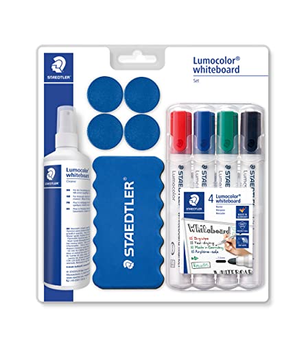 Staedtler 613 Whiteboard-Set Lumocolor (praktische Grundausstattung für Whiteboards mit Marker, Wischer, Reinigungsspray und Haftmagneten, hohe Qualität Made in Germany)