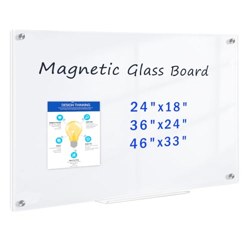 QUEENLINK Glas-Magnettafel – 90 x 60 cm, trocken abwischbar, mit Stiftablage, 3 Magnete, magnetisches Glas-Whiteboard für Notizen, Erinnerungen, Präsentationen, Ultra Weiß