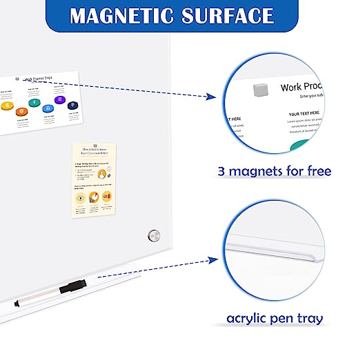 QUEENLINK Glas-Magnettafel – 90 x 60 cm, trocken abwischbar, mit Stiftablage, 3 Magnete, magnetisches Glas-Whiteboard für Notizen, Erinnerungen, Präsentationen, Ultra Weiß - 2