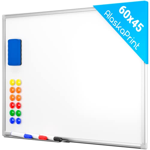 Alaskaprint Magnetisches Whiteboard Magnetwand magnettafel beschreibbar mit Alurahmen inklusive 3 Stiftablage, 12 Pinnwand Tafel und Schwamm 60 cm x 45 cm (B x H)