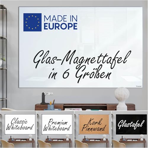 VISCOM Glas-Magnettafel - 60 x 90 cm in reinem Weiß - rahmenlose Magnetwand - Memoboard magnetisch, beschreibbar & trocken abwischbar - inkl. Bohrschablone, Magnete, Stift, Tafellöscher