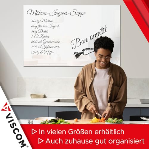 VISCOM Glas-Magnettafel - 60 x 90 cm in reinem Weiß - rahmenlose Magnetwand - Memoboard magnetisch, beschreibbar & trocken abwischbar - inkl. Bohrschablone, Magnete, Stift, Tafellöscher - 4