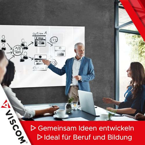 VISCOM Glas-Magnettafel - 60 x 90 cm in reinem Weiß - rahmenlose Magnetwand - Memoboard magnetisch, beschreibbar & trocken abwischbar - inkl. Bohrschablone, Magnete, Stift, Tafellöscher - 5