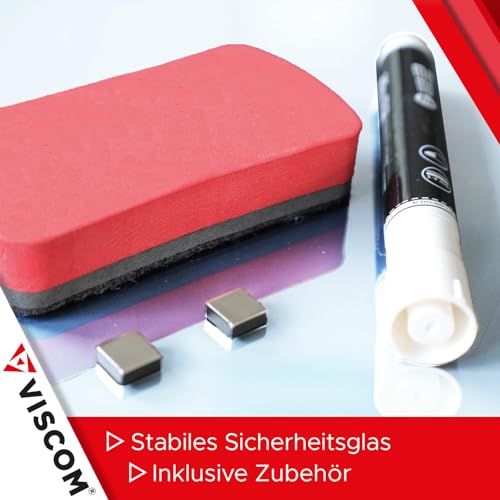 VISCOM Glas-Magnettafel - 60 x 90 cm in reinem Weiß - rahmenlose Magnetwand - Memoboard magnetisch, beschreibbar & trocken abwischbar - inkl. Bohrschablone, Magnete, Stift, Tafellöscher - 6